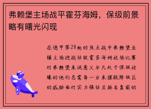 弗赖堡主场战平霍芬海姆，保级前景略有曙光闪现