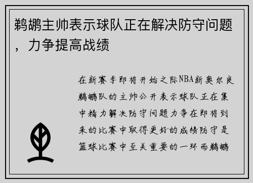 鹈鹕主帅表示球队正在解决防守问题，力争提高战绩