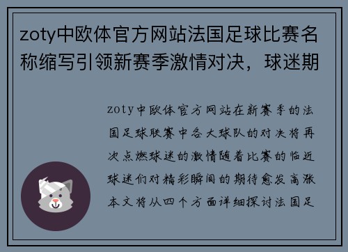 zoty中欧体官方网站法国足球比赛名称缩写引领新赛季激情对决，球迷期待精彩瞬间